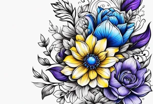 Blue yellow and purple flowers arm sleeve tattoo idea