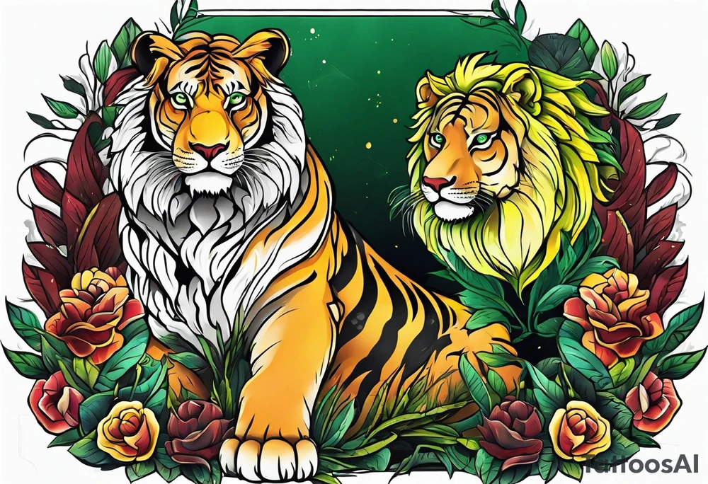Lion and tiger with colors green, yellow, maroon and black tattoo idea