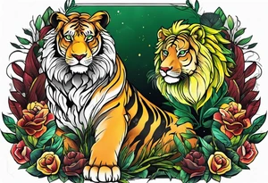 Lion and tiger with colors green, yellow, maroon and black tattoo idea