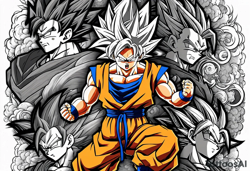 Son-Goku as a super saiyajin . A huge dragonball surrounds the whole scenery. Silhouettes of Gokus friends are surrounding him. tattoo idea