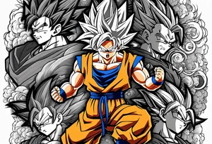 Son-Goku as a super saiyajin . A huge dragonball surrounds the whole scenery. Silhouettes of Gokus friends are surrounding him. tattoo idea