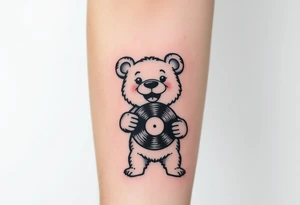 happy cartoon bear holding a vinyl record tattoo idea