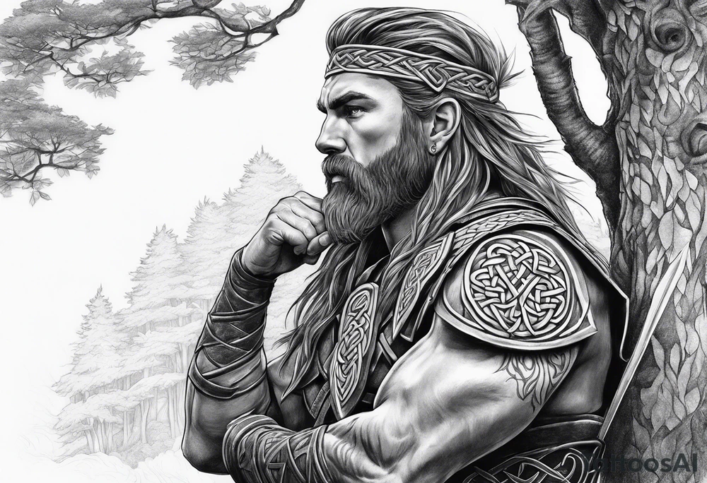 Celtic warrior facing left with trees I'm background tattoo idea Celtic warrior facing left with trees I'm background tattoo idea