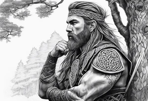 Celtic warrior facing left with trees I'm background tattoo idea