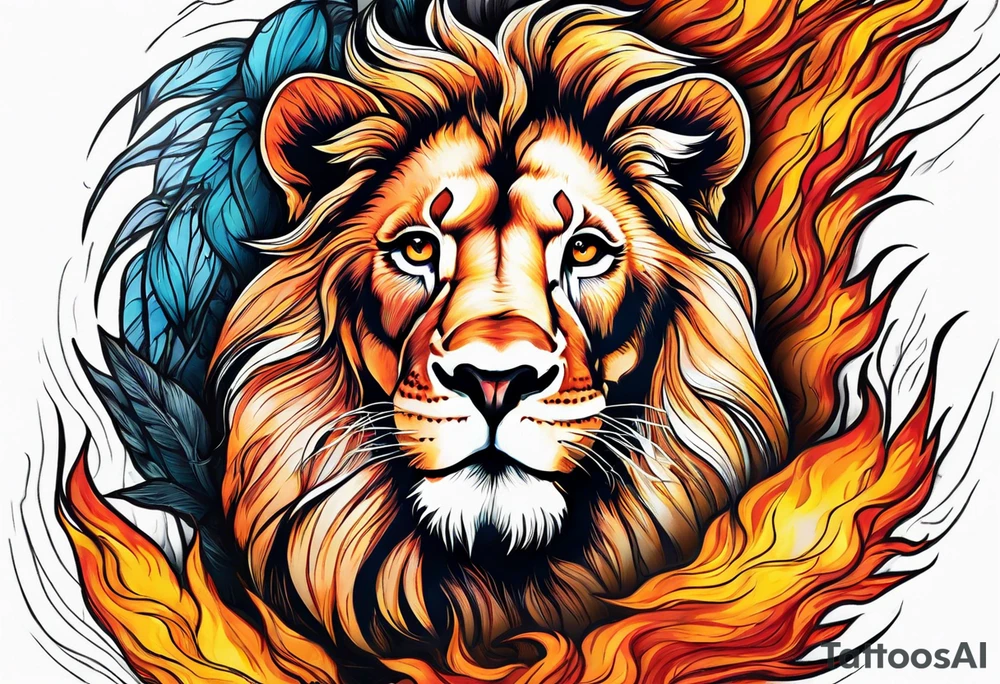 A smiling lion surrounded by fire in full color tattoo idea