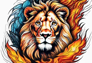 A smiling lion surrounded by fire in full color tattoo idea
