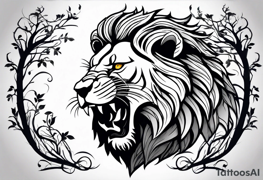 Create an oak tree in the shape of a roaring lion tattoo idea