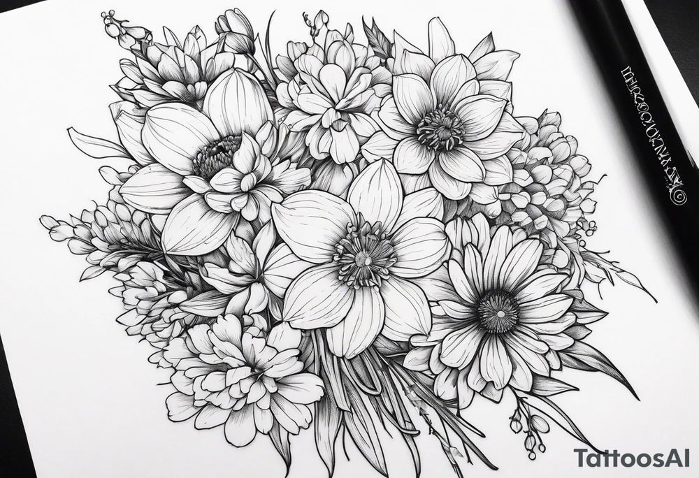 Narcissus, Chrysanthemum, Cosmos, snow drop flowers in a bouquet that shows all stems to the flowers tattoo idea