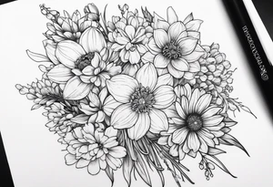 Narcissus, Chrysanthemum, Cosmos, snow drop flowers in a bouquet that shows all stems to the flowers tattoo idea