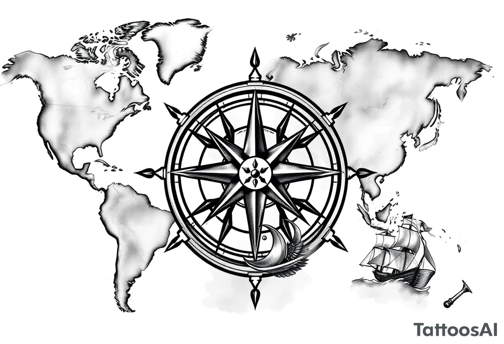 antique compass rose overlaid on weathered world map with sailing ships tattoo idea