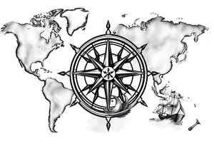 antique compass rose overlaid on weathered world map with sailing ships tattoo idea