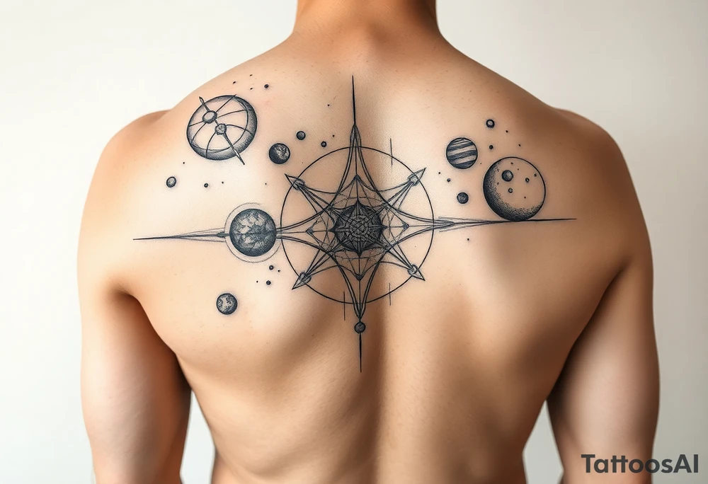 Lower arm sleeve, outer space, planets, geometry, string theory tattoo idea