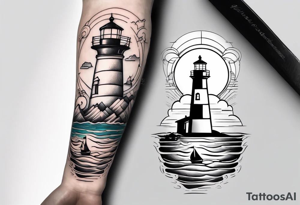 lighthouse  with a beach and sun and small boat tattoo idea