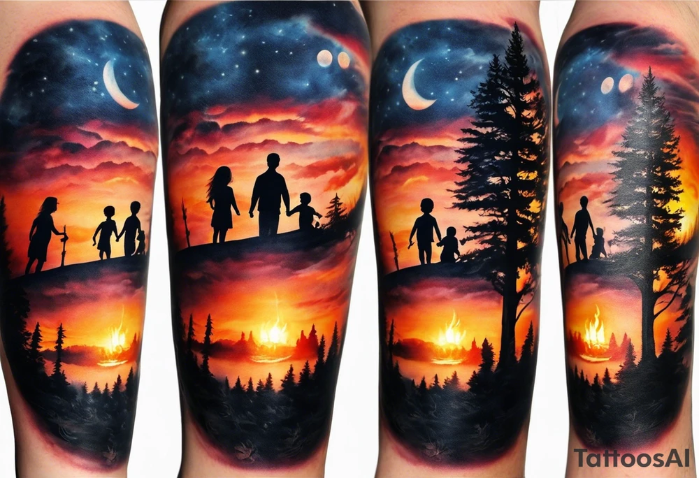 Tattoo of a family of four on a male forearm 
- dad, mom and two boys around a campfire.  Background is a sunset at the bottom, night at the top with a big beautiful moon. I would like it to be encased in a circle with the words "All that I need is the air that I breathe, and all that I need are things I don't need, and all that really matters is what matters to me". tattoo idea