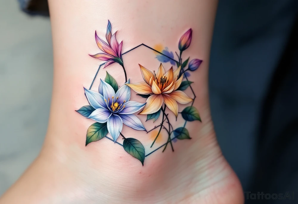 Leo, larkspur and water lily surrounded by a hexagon tattoo idea