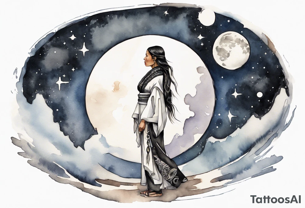 a watercolor of a beautiful 40-year-old Anishinaabe woman wearing black and white robes standing on the moon tattoo idea