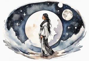 a watercolor of a beautiful 40-year-old Anishinaabe woman wearing black and white robes standing on the moon tattoo idea