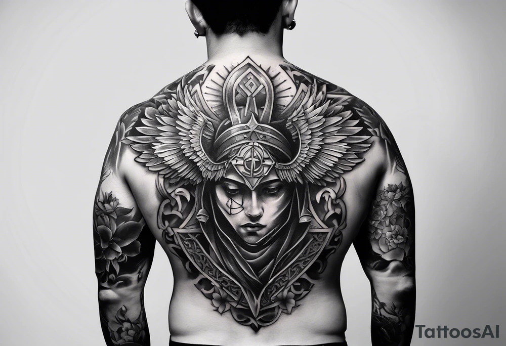 An aesthetic but unpretentious tattoo that is placed on the upper back of a male. It should represent catholic religion, discipline, pain and the love to animals. tattoo idea