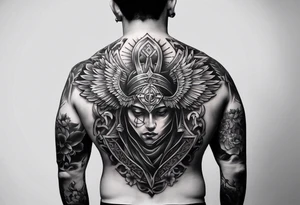 An aesthetic but unpretentious tattoo that is placed on the upper back of a male. It should represent catholic religion, discipline, pain and the love to animals. tattoo idea
