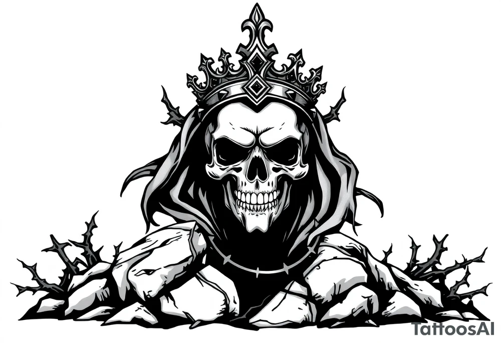 A crowned skull or warrior rising from a stone barrow, cloaked in shadows and thorns. tattoo idea