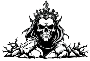 A crowned skull or warrior rising from a stone barrow, cloaked in shadows and thorns. tattoo idea