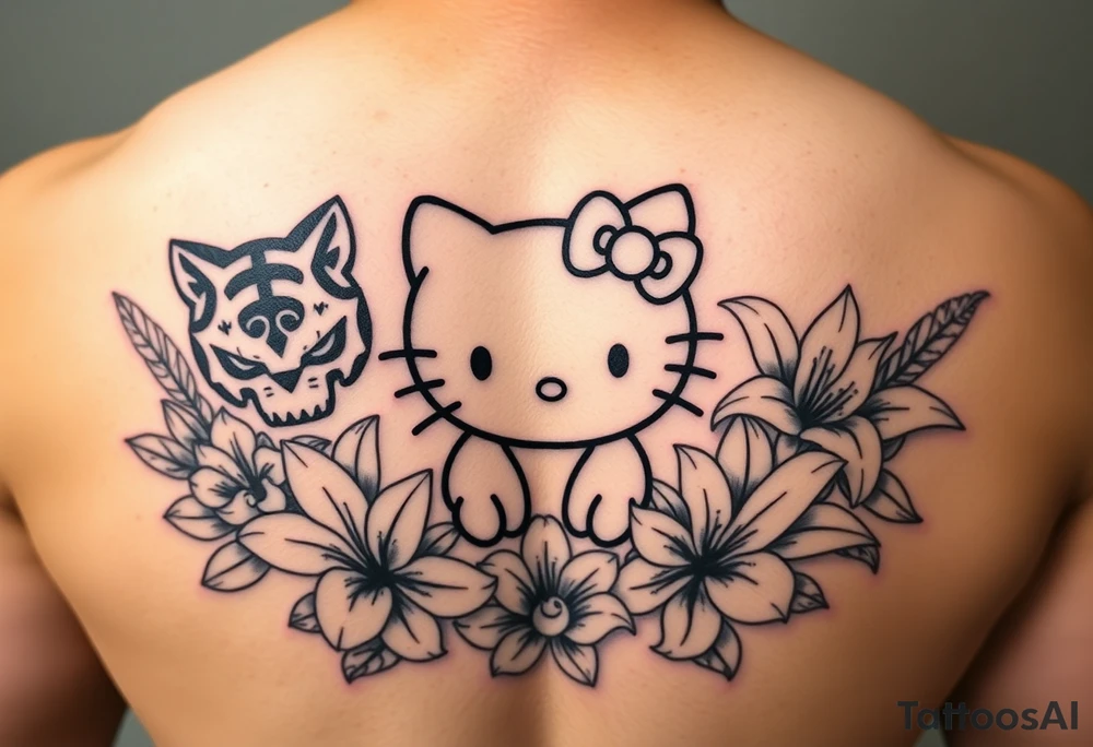 Hear no evil, see no evil, speak no evil hello kitty, tiger lilies  surrounding tattoo idea