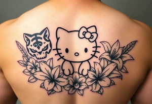 Hear no evil, see no evil, speak no evil hello kitty, tiger lilies  surrounding tattoo idea
