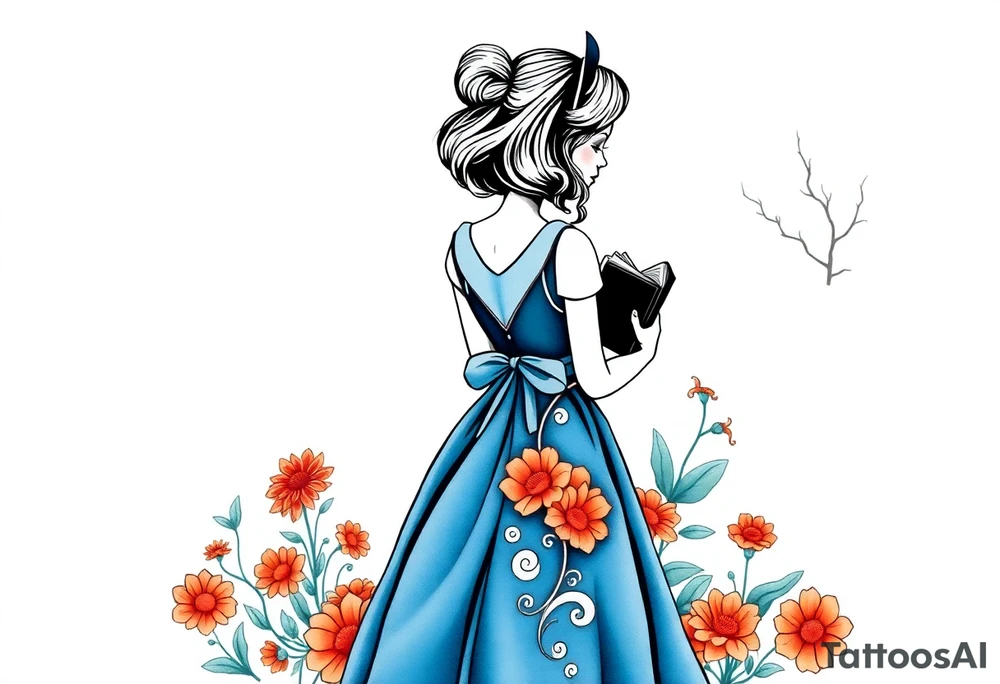 Alice (from Alice in wonderland) silhouette wearing a blue dress. Perspective from the back. She is caring a book, entering a garden with flowers and an orange tree tattoo idea