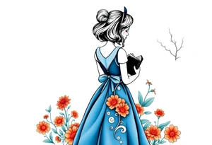 Alice (from Alice in wonderland) silhouette wearing a blue dress. Perspective from the back. She is caring a book, entering a garden with flowers and an orange tree tattoo idea