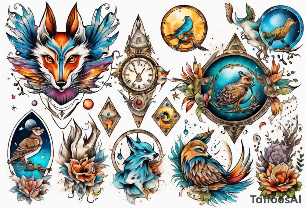 fisch, fuchs und eule , symetrie universum, bunt tattoo idea
