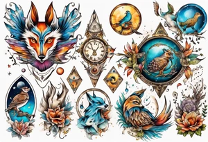 fisch, fuchs und eule , symetrie universum, bunt tattoo idea