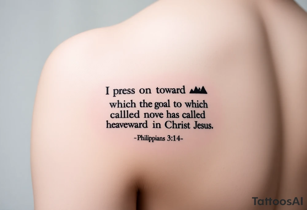 Minimalist tattoo on inner bicep. Mostly text of Philippians 3:14: I press on toward the goal to win the prize for which God has called me heavenward in Christ Jesus. Some design element tattoo idea