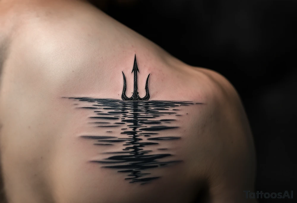 trident half way under calm water tattoo idea