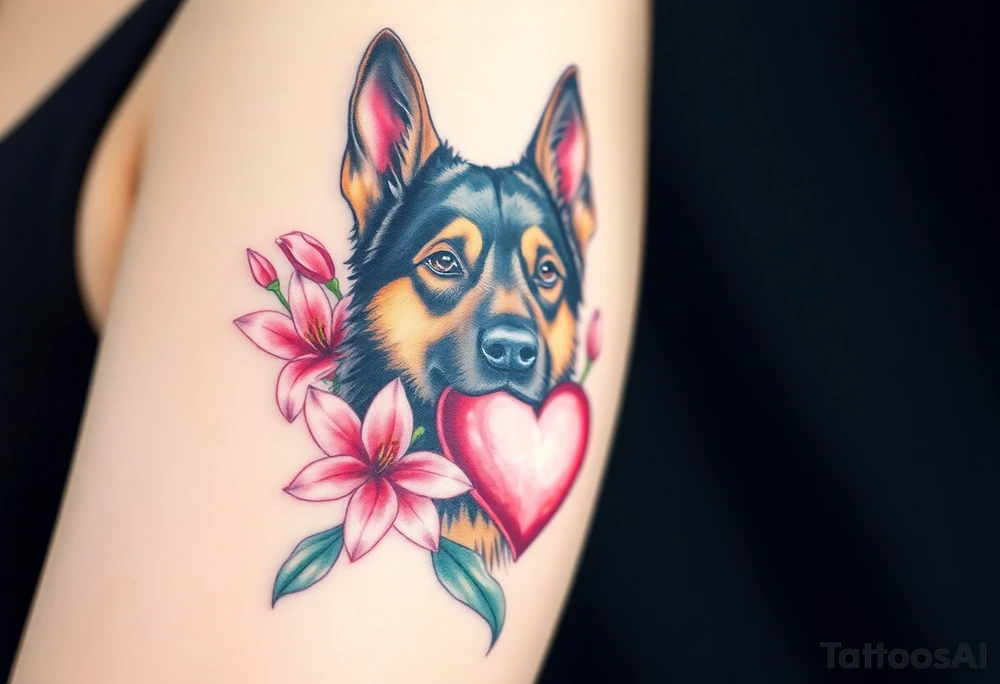 german shepherd looking protective with pink lilies and a sacred heart tattoo idea
