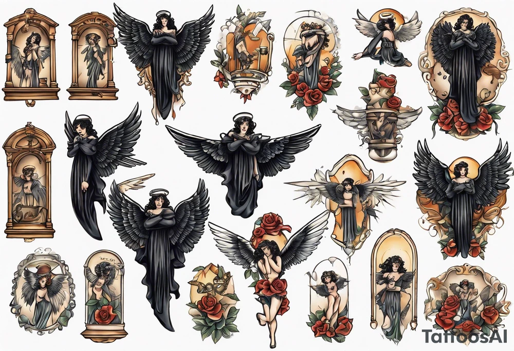 Black Angel on a balcony tattoo idea
