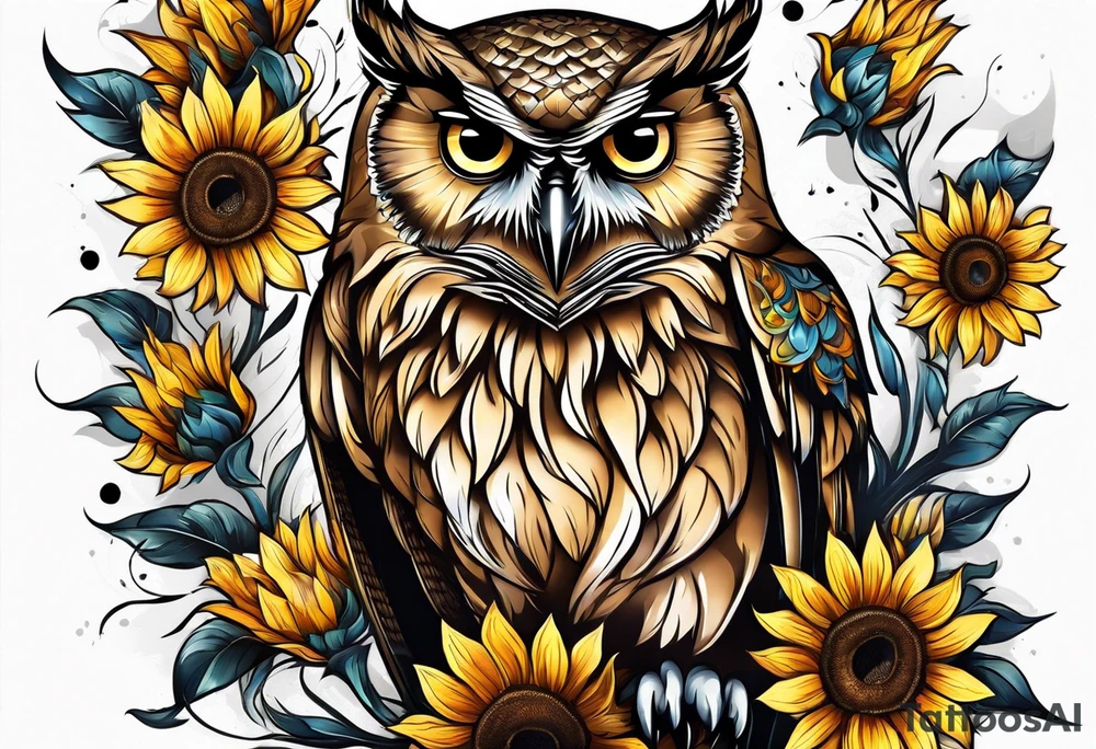 Owl with sunflowers leg sleeve tattoo idea