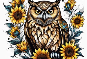 Owl with sunflowers leg sleeve tattoo idea
