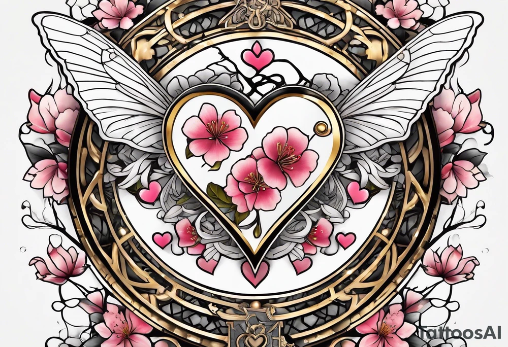 Cherry Blossom Tattoo with a key that unlocks a heart surrounded by white butterflies and in a golden aura tattoo idea