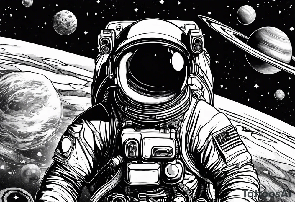 An astronaut floating in space with planets around him tattoo idea
