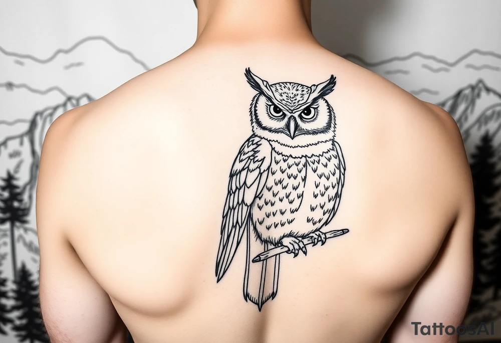 Owl with background of yosemite black fine line tattoo tattoo idea