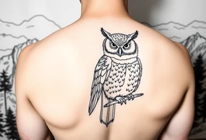 Owl with background of yosemite black fine line tattoo tattoo idea
