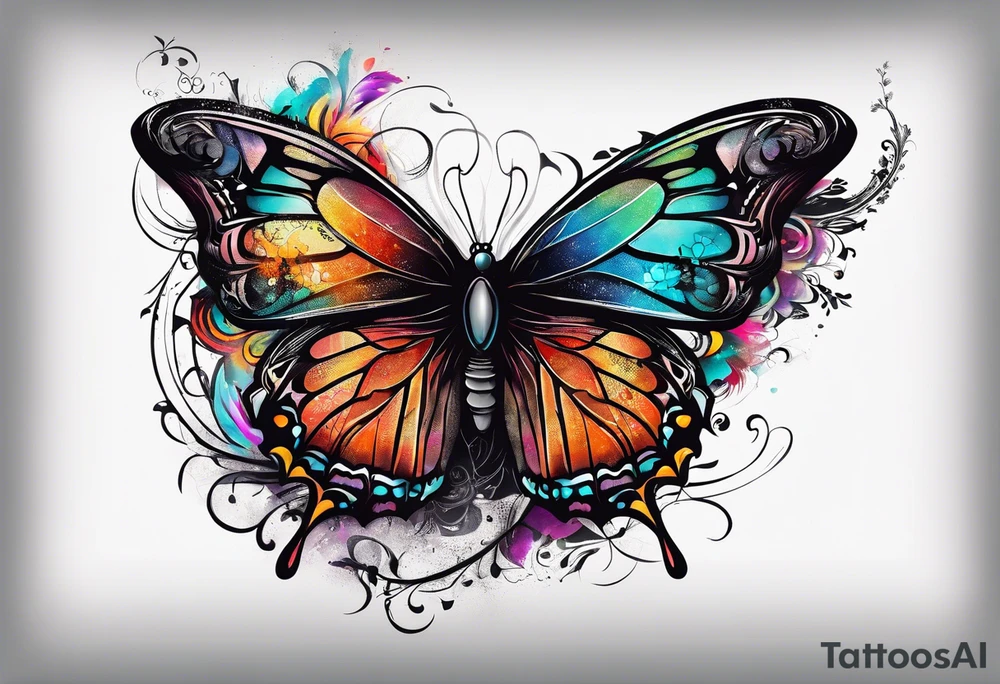 butterfly with one wing black scribbles, the other wing beautiful and colorful, the body has the date 1.9.2023 and the words written "I chose to live." tattoo idea