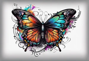 butterfly with one wing black scribbles, the other wing beautiful and colorful, the body has the date 1.9.2023 and the words written "I chose to live." tattoo idea
