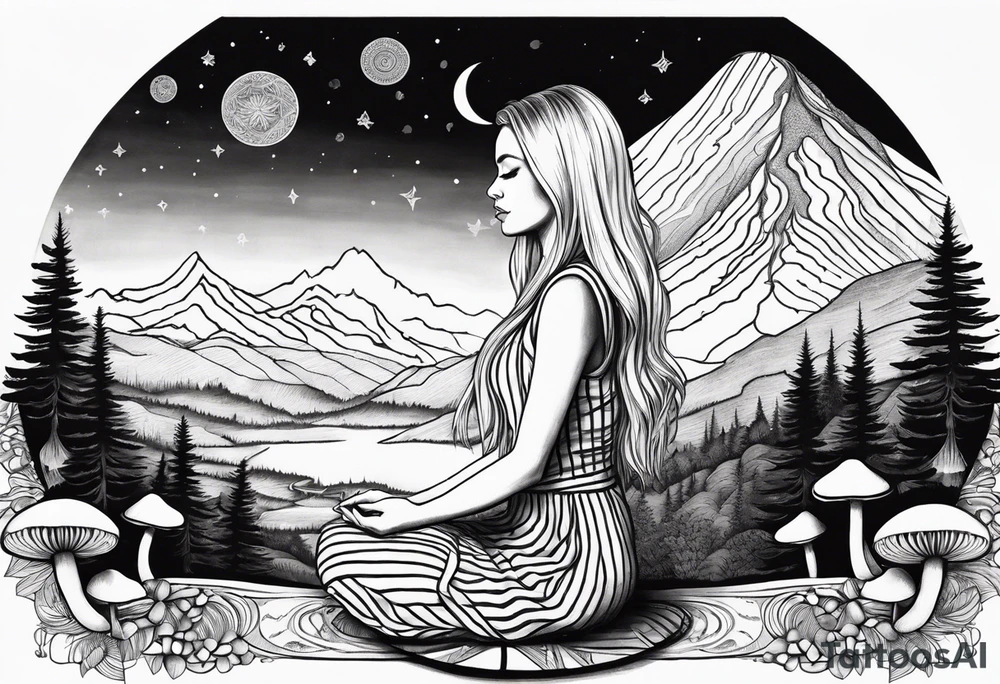 Straight blonde hair girl meditating facing away toward mountains surrounded by mushrooms crescent moon mandala circular design black and white striped dress tattoo idea