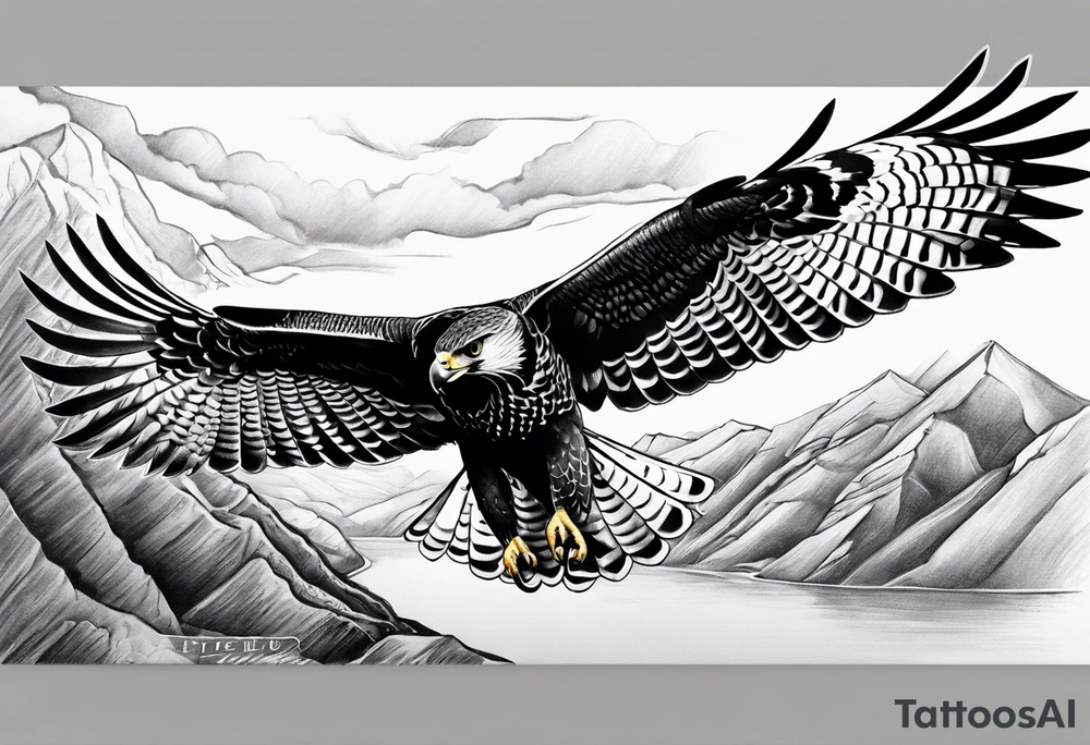 I would like to design a full sleeve tattoo with an outdoor theme. I want to have a mountain and a river on the upper outside part of the arm and a large peregrine falcon holding a snake somewhere else in the tattoo tattoo idea