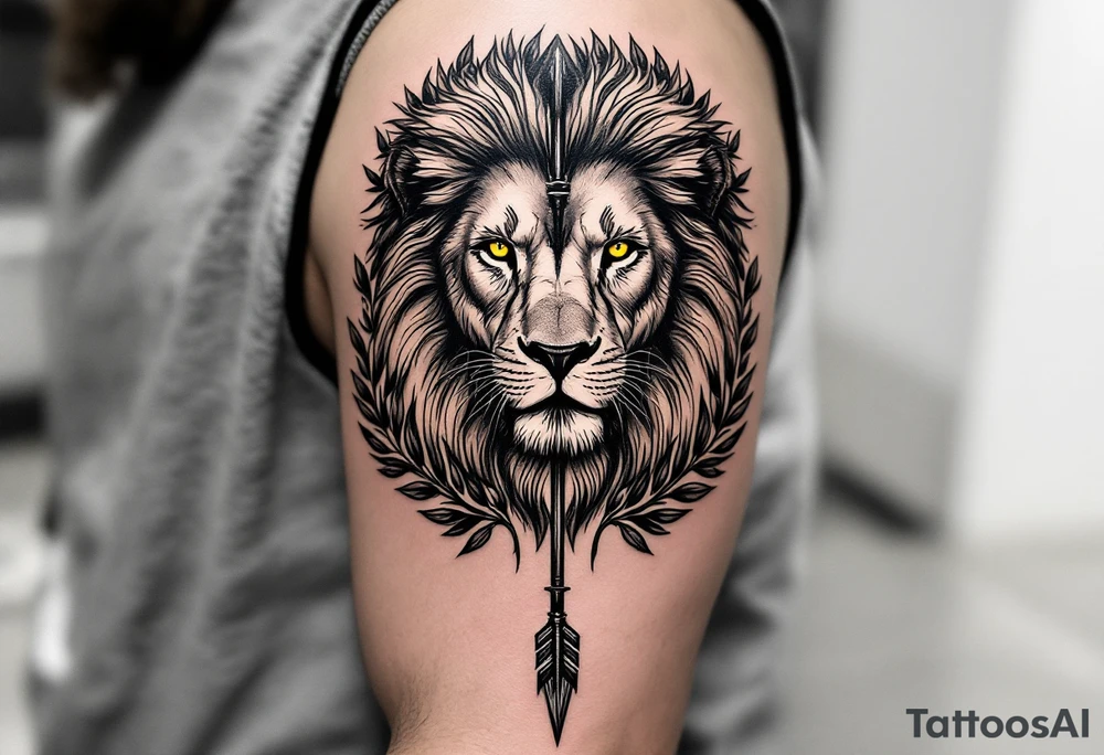 a spiritual lion with yellow eyes that come down a long arrow and surrounded by a olive tree leaf around tattoo idea