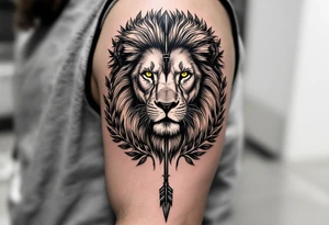 a spiritual lion with yellow eyes that come down a long arrow and surrounded by a olive tree leaf around tattoo idea