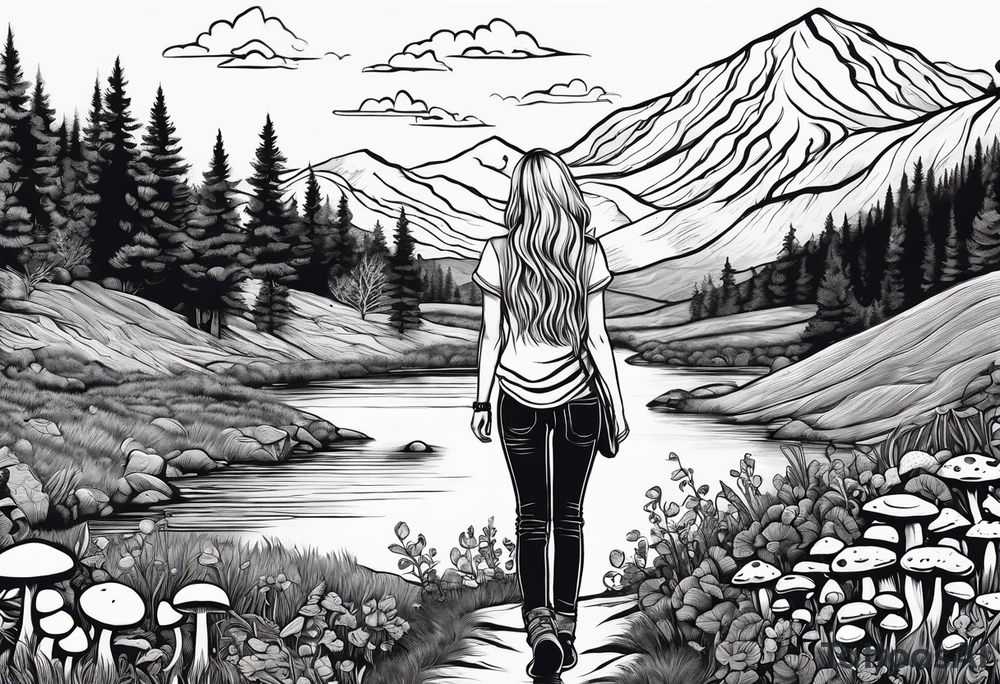 Straight long blonde hair hippie girl in distance holding mushrooms in hand facing away toward mountains and creek surrounded by mushrooms tee shirt and hiking pants tattoo idea
