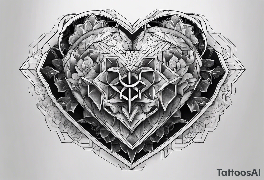 hexagon chest heart tattoo idea