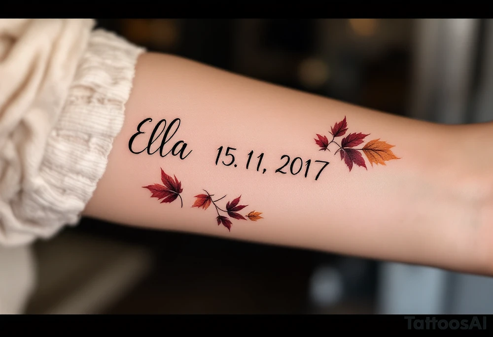 Ella 15. 11. 2017 – Warm gold and burgundy autumn leaves scattered around Ella's birthdate, in an elegant script. tattoo idea
